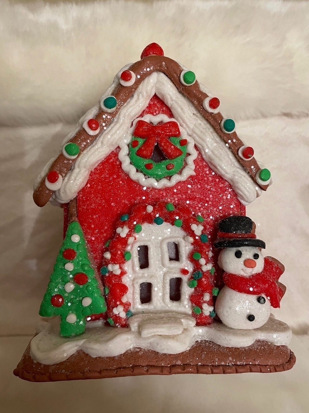 Red Gingerbread House Holiday Ornament with Snowman